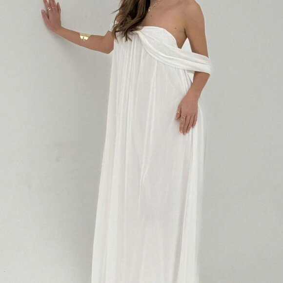 White Elegant Women's Holiday Sexy Off Shoulder Strapless Flowing Backless Dress - Picture 8 of 8